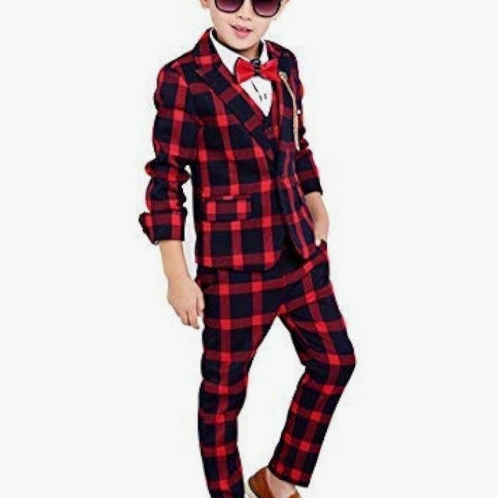 Red and Navy Plaid Suit for Toddler Boy
